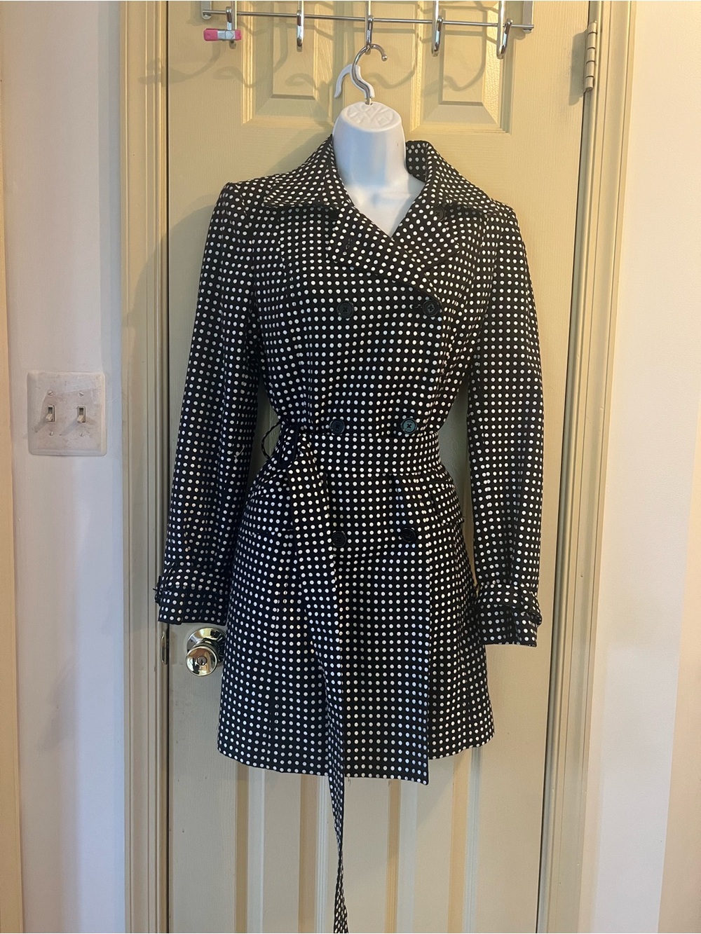 Anne Klein Black & White Polka Dot Double-Breasted Trench Coat